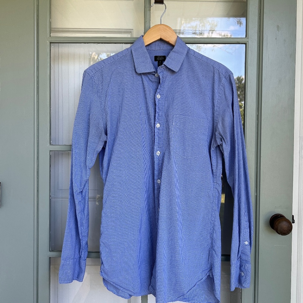 J Crew Spread Collar Dress Shirt - Blue Gingham Check - Slim Fit Medium